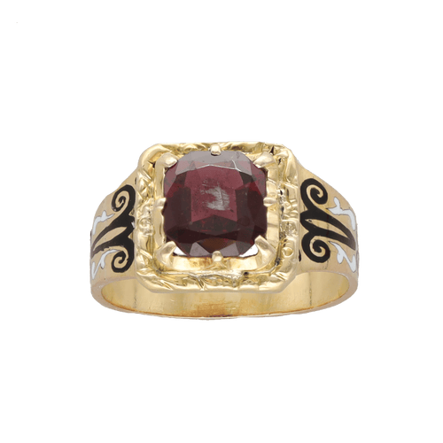Bague Bague chevalière Napoléon III en or jaune 18K avec émail et grenat – Taille 54 58 Facettes