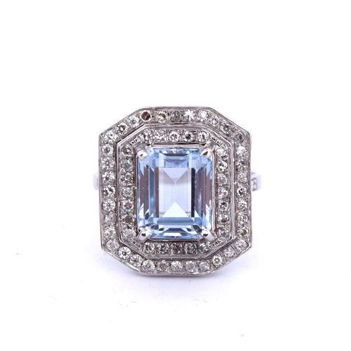 Bague 57 Bague Art Déco - Or blanc, aigue-marine et diamants 58 Facettes