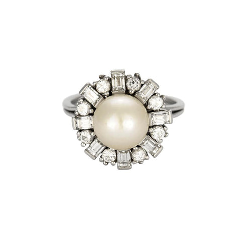 Bague 54.5 Bague fleur en platine, perle et diamants 58 Facettes GU230