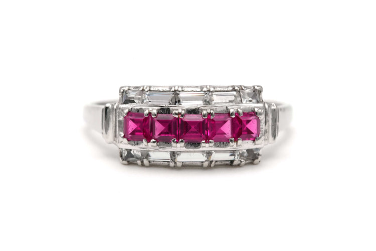 Bague 57 Bague Art Déco or blanc sertie de rubis de synthèse et de zirconiums 58 Facettes 22917