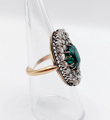 Bague 54 Bague marquise antique en or rose 18k et argent, doublet grenat vert et diamants 58 Facettes A06674