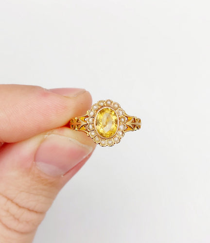 Bague 56 Bague marguerite antique citrine et perles en or rose 18k (circa 1900) 58 Facettes A01952