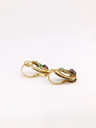 Boucles d'oreilles Dormeuses pampre de vigne or, émail vert et grenat 58 Facettes J330