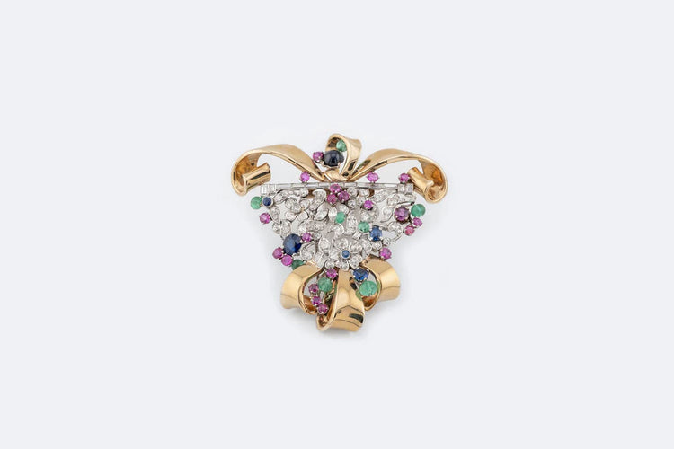 Broche Oro Giallo Broche cocktail vintage en or jaune ornée de diamants, rubis, saphirs et émeraudes 58 Facettes spl87