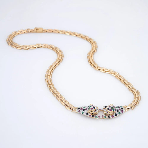 Collier Collier double léopard en pierres précieuses, ras du cou vintage en or 14 carats, 38 cm, bijou animalier raffiné 58 Facettes G12164