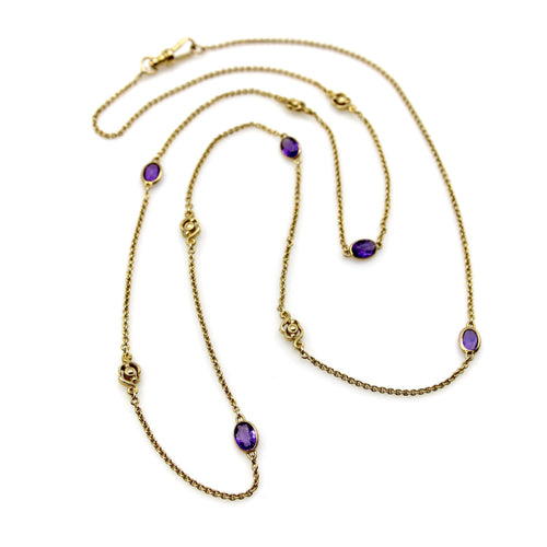 Collier Chaîne station édouardienne en or 14 carats avec améthyste et fleurs 58 Facettes A2002K