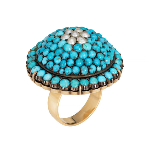 Bague 54.5 Bague dôme victorienne antique en or jaune, turquoise et perle 58 Facettes G14117