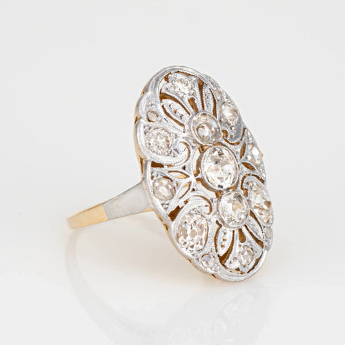 Bague Bague de cocktail édouardienne antique en or 18 carats et platine avec diamant de 1 ct Taille 5 Ovale 58 Facettes G9099