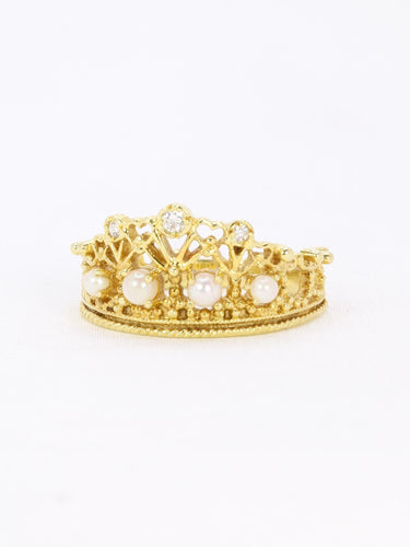 Bague 54 Bague couronne or jaune diamants perles 58 Facettes 1108.1
