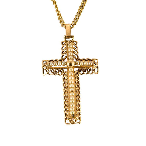 Collier Chaine maille gourmette or jaune et pendentif croix en or rose et perles 58 Facettes ROM1063