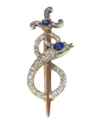 Broche Broche antique en or, diamant et saphir, serpent enroulé autour d'une épée ou d'un poignard 58 Facettes 22297-0136