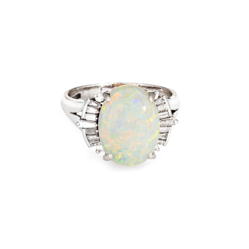 Bague 55 Bague en opale naturelle, diamant, platine, bijoux fins 58 Facettes G14063