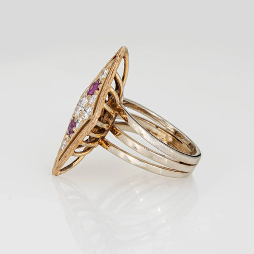 Bague Bague vintage années 80 en forme de losange, diamant et rubis, or jaune 14 carats, taille 5 58 Facettes G13614