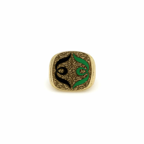 Bague Chevalière en or 18 carats avec émail gravé à la main et motif symétrique 58 Facettes