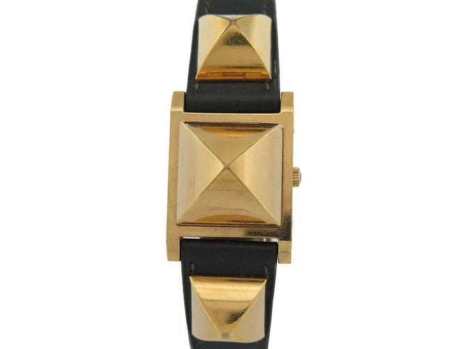 Montre vintage montre HERMES medor plaque or & cuir 23mm box quartz 58 Facettes 262118