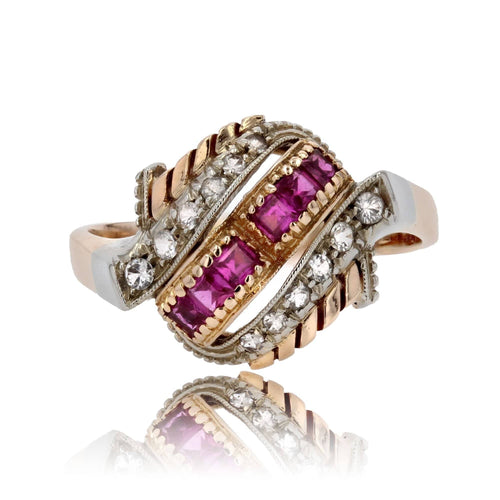 Bague 58 Bague dôme rétro rubis de synthèse et pierres blanches 58 Facettes 10-048