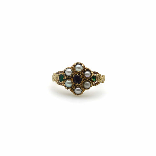 Bague 53.5 Bague fleur époque victorienne grenat émeraudes perles 58 Facettes