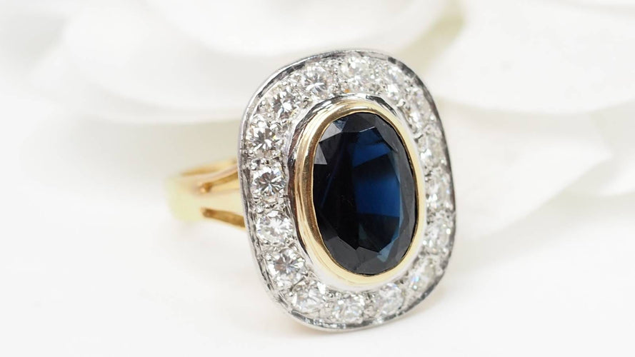 Bague 53.5 Bague pompadour en or bicolore, saphir et diamants 58 Facettes