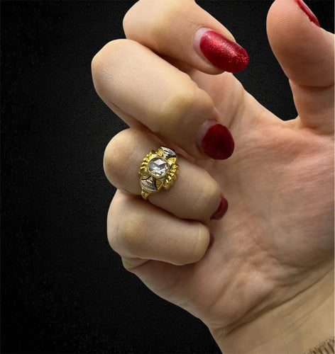 Bague 52 Bague Art Déco en or jaune et blanc, avec diamant couronne rose 58 Facettes