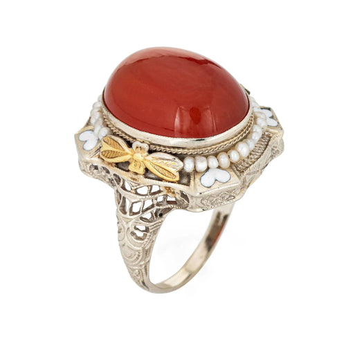 Bague 52.5 vintage Art Déco Cornaline Bague Filigrane Coeur Émail Graine Perle 58 Facettes G12334