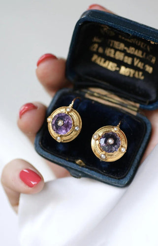 Boucles d'oreilles Boucles d'Oreilles Améthystes et Perles sur Or Jaune 58 Facettes