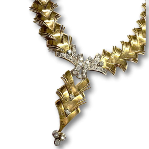 Collier GARGANTILLA DISEÑO RETRO ESPIGA de ORO 18 kts con DIAMANTES 58 Facettes A2653