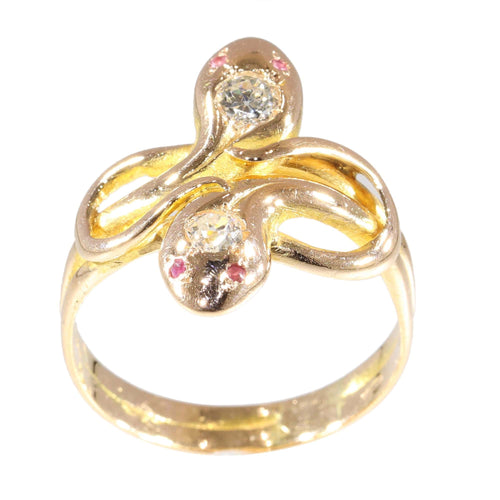 Bague 58 Élégance symbolique : bague antique double serpent avec diamants et rubis 58 Facettes 24278-0102