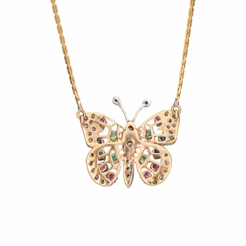 Collier Collier papillon vintage des années 60 en or jaune 14 carats avec pierres précieuses et diamants, ras du cou, 39,2 cm 58 Facettes G13624