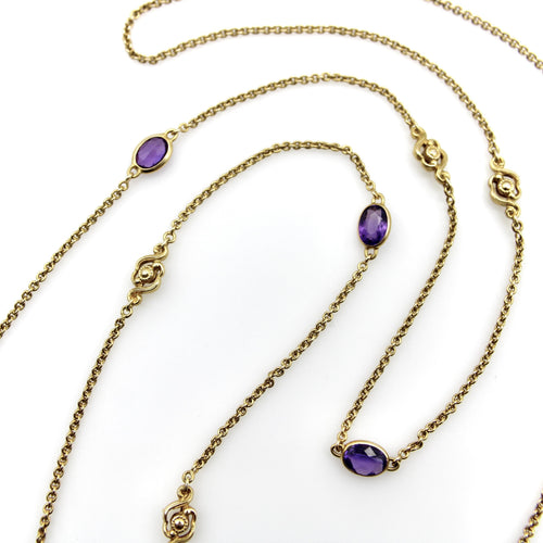 Collier Chaîne station édouardienne en or 14 carats avec améthyste et fleurs 58 Facettes A2002K