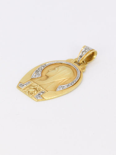 Pendentif Médaille religieuse Art Deco Vierge de profil or jaune diamants taille rose 58 Facettes 1102.3