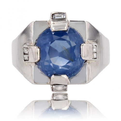 Bague 58 Chevalière Art Déco saphir de Ceylan naturel et diamants baguette 58 Facettes 24-041