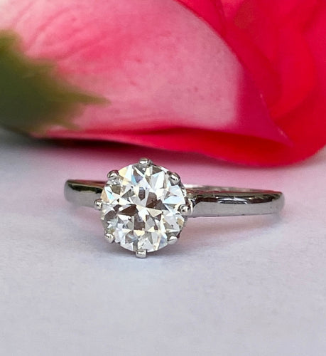 Bague 53.5 Solitaire en or, style Art déco tardif, serti d'un diamant taille brillant ancien de 1,14 carat. 58 Facettes