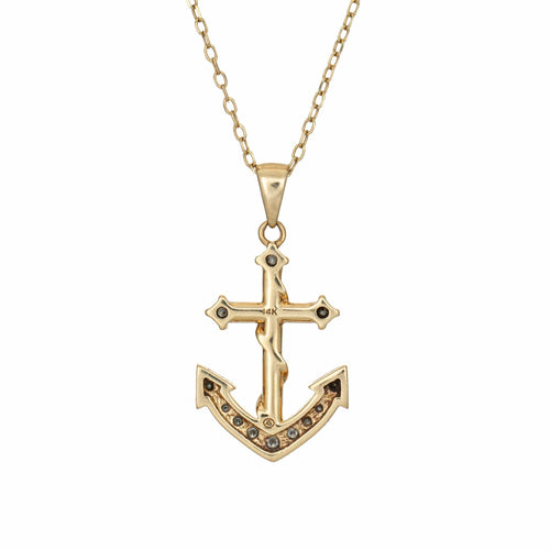 Collier Collier vintage en or jaune 14 carats avec ancre et diamants, chaîne de 48 cm (19 pouces), bijou ancien de style océan. 58 Facettes G14227