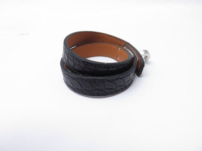 Bracelet bracelet HERMES kelly double tour cuir alligator crocodile noir 58 Facettes 260099