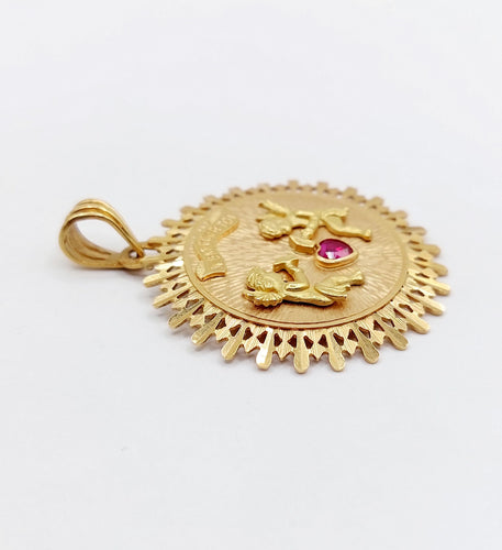 Pendentif Pendentif médaille d'amour or rose, angelots articulés "Il Bat Pour Toi" et rubis synthétique 58 Facettes A05878