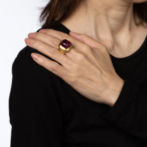 Bague Cabochon Pink Tourmaline Ring Square Cocktail Estate 18k Yellow Gold Sz 6 Maz 58 Facettes G13411