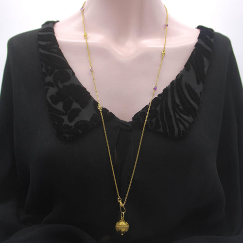 Collier Chaîne station édouardienne en or 14 carats avec améthyste et fleurs 58 Facettes A2002K