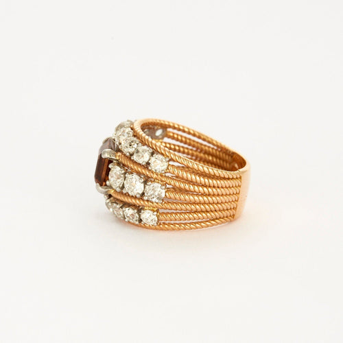 Bague Bague large fil torsadé en or rose 18K, platine, citrine madère et diamants. 58 Facettes