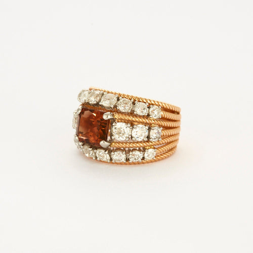 Bague Bague large fil torsadé en or rose 18K, platine, citrine madère et diamants. 58 Facettes