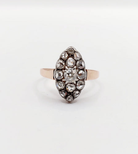 Bague 54 Bague marquise antique en or rose 18k et argent, diamant et diamants roses 58 Facettes A06417
