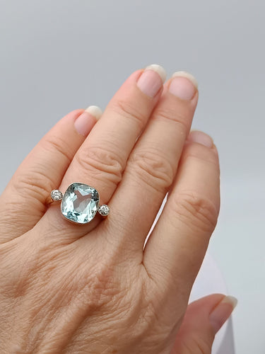 Bague 54 Bague vintage aigue-marine coussin et diamants en or rose 18k 58 Facettes