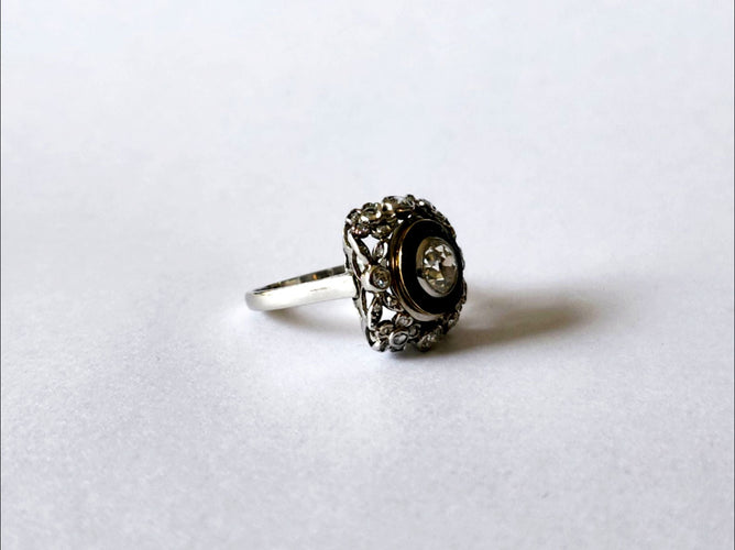 Bague 53 Bague or blanc 18k et Diamants anciens 58 Facettes