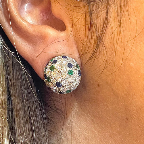 Bague 50 Bague et boucles d’oreilles en platine , diamants , saphirs , émeraudes 58 Facettes