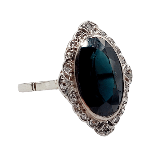 Bague 50 Bague pompadour art déco en platine, saphir 4,30 carats et diamants tailles anciennes 58 Facettes A06672