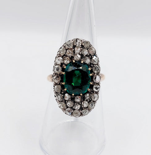 Bague 54 Bague marquise antique en or rose 18k et argent, doublet grenat vert et diamants 58 Facettes A06674