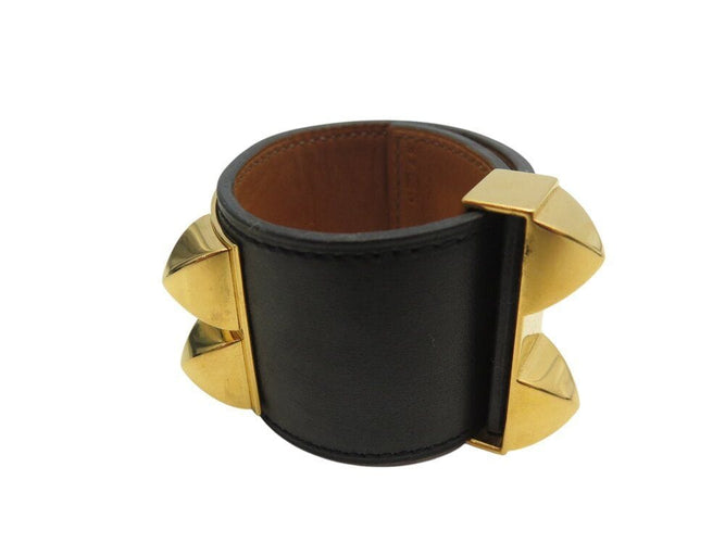 Collier bracelet HERMES collier de chien medor cdc 16cm cuir swift noir metal dore 58 Facettes 268024