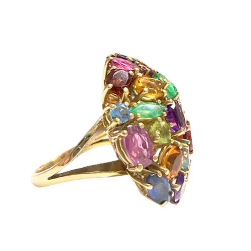 BAGUE DE DESIGN CONTEMPORAIN en OR 18 carats avec AIGUE-MARINE ET DIVERSES PIERRES NATURELLES
