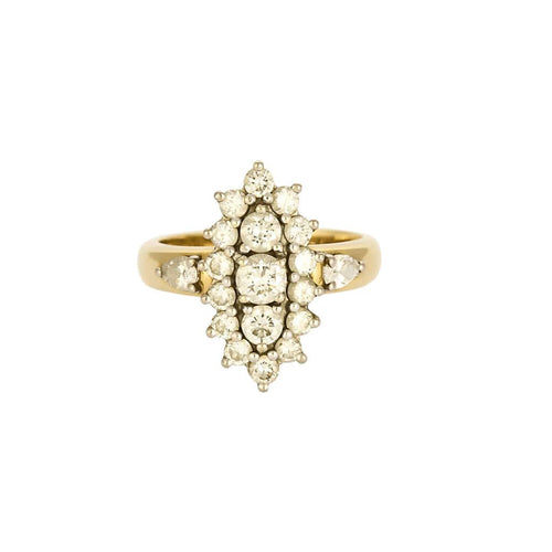 Bague navette en or jaune, or blanc et diamants