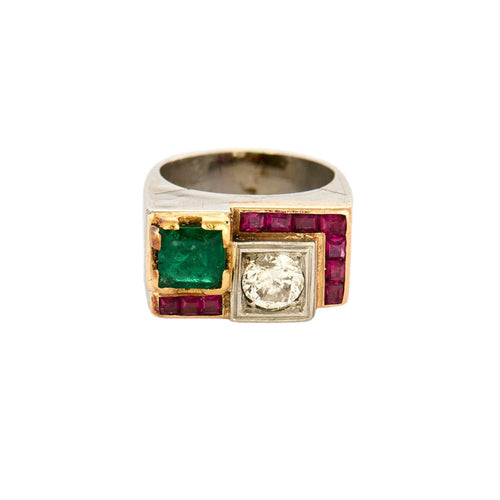 Bague 47.5 Bague Tank platine et or jaune, émeraude, rubis et diamants 58 Facettes 250212