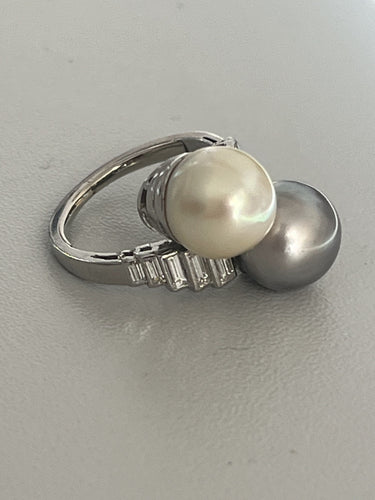 Bague 47.5 Bague Toi & Moi Or Gris, Perles Akoya et Tahiti, Diamants 58 Facettes LOT 6392